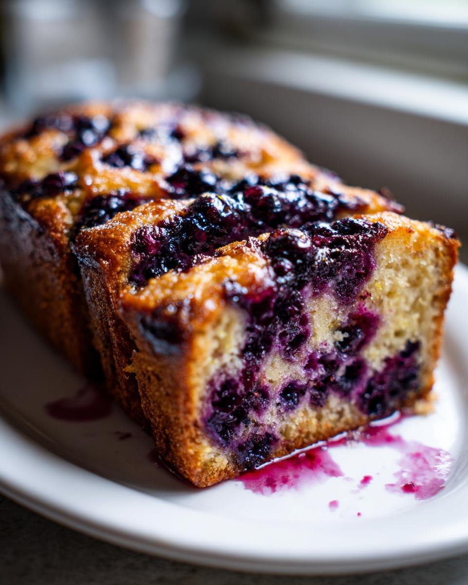 Close-up of a moist slice of Roasted Blueberry Lemon Olive Oil Bread, showing deep purple blueberries baked into the golden crumb.