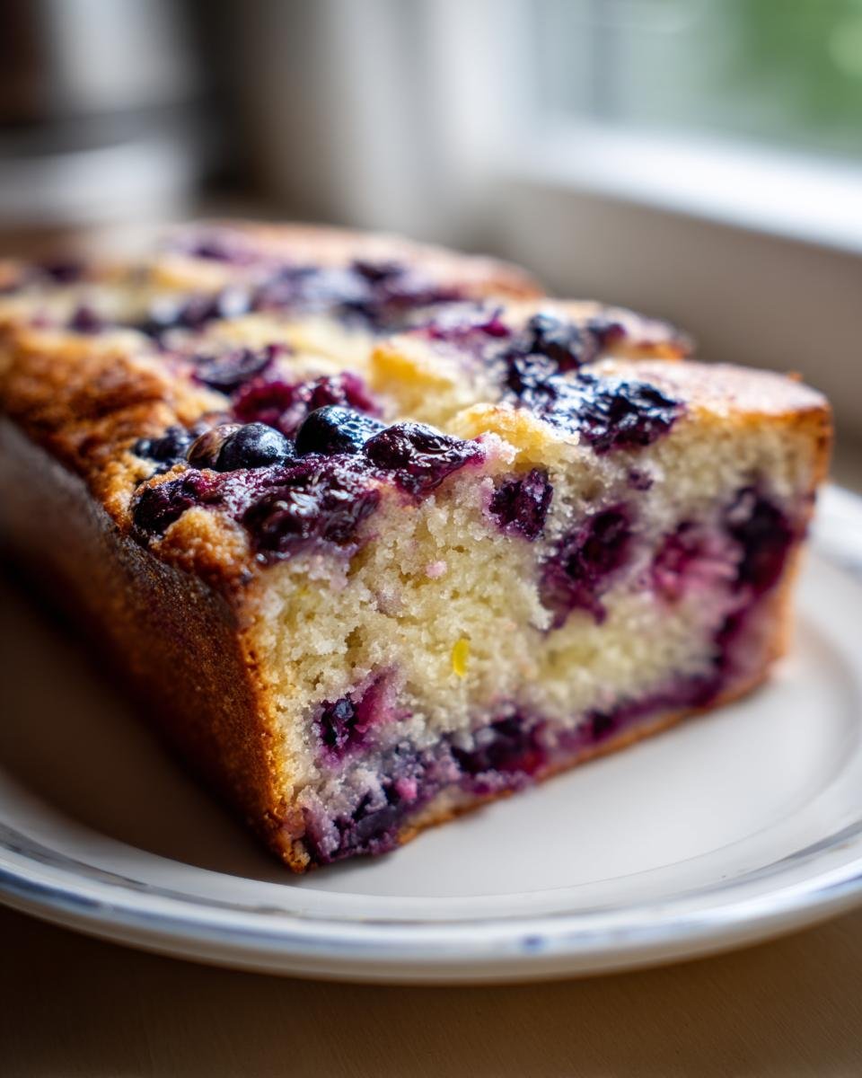 Close-up of a moist slice of Roasted Blueberry Lemon Olive Oil Bread showing vibrant blueberries baked into the crumb.