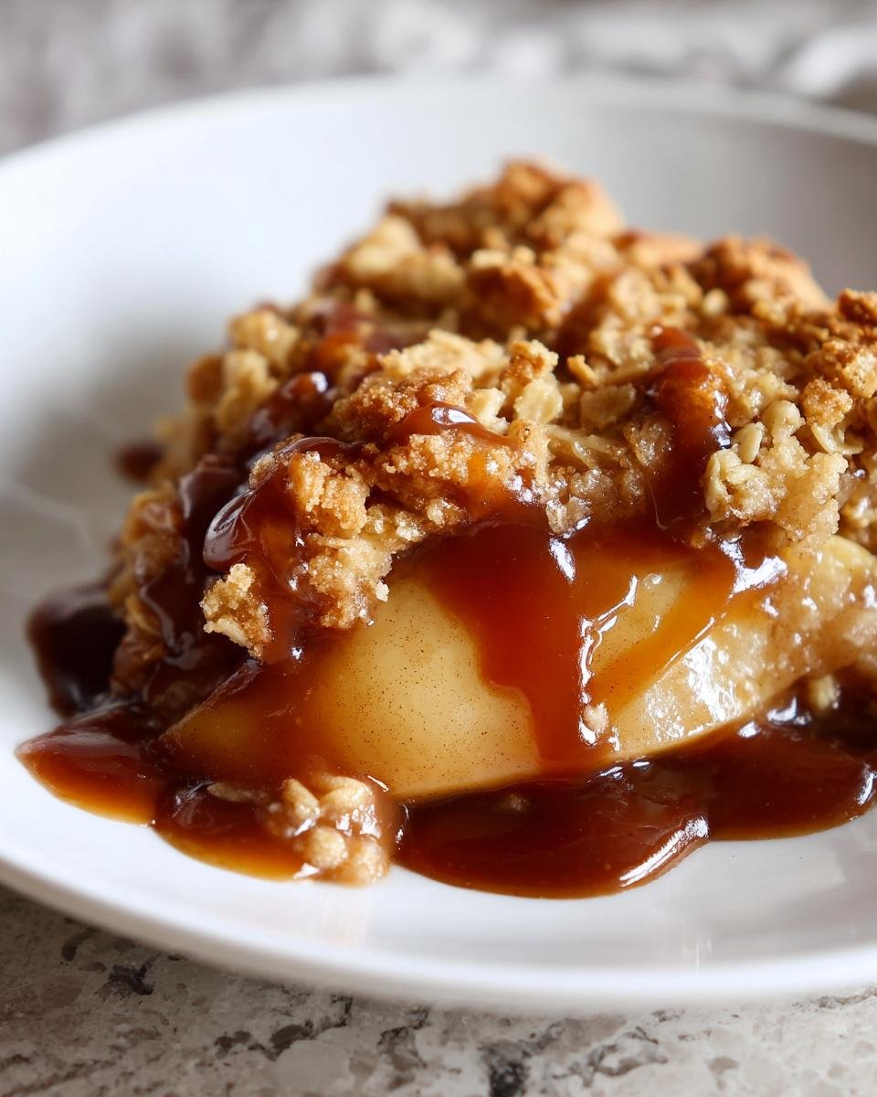 Close-up of a serving of Salted Caramel Apple Crisp topped with a rich caramel sauce.