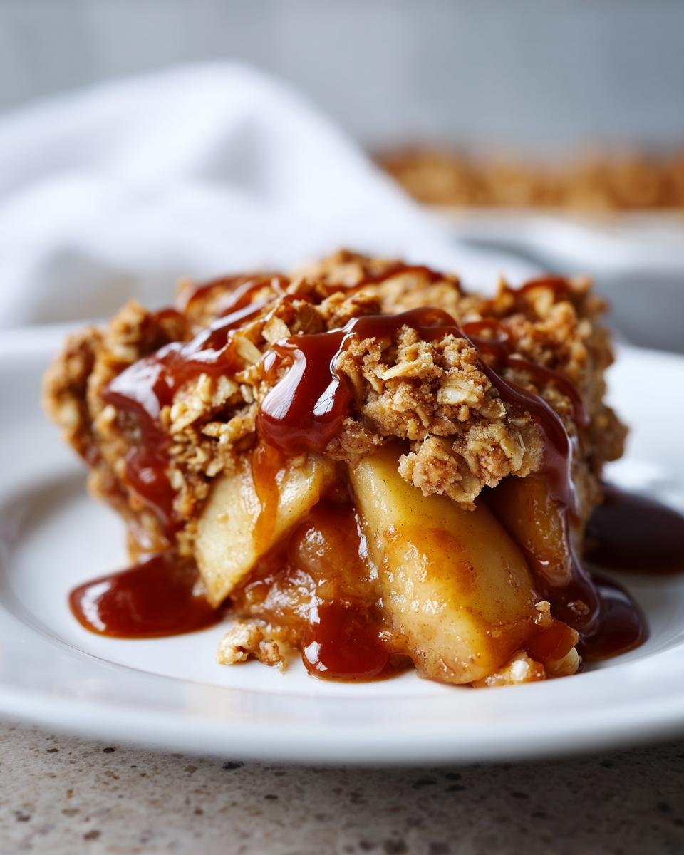 Close-up of a warm slice of Salted Caramel Apple Crisp topped with rich caramel sauce.