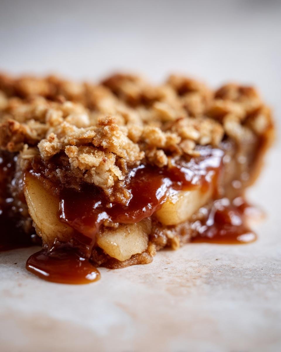 Close-up of a slice of Salted Caramel Apple Crisp showing tender apples, crumb topping, and rich caramel sauce dripping down.