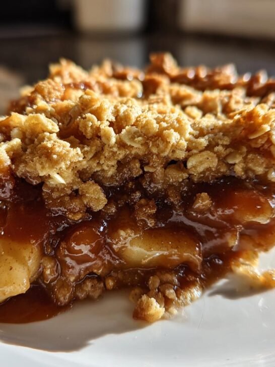 Close-up of a delicious slice of Salted Caramel Apple Crisp showing a thick, gooey caramel filling and crunchy oat topping.