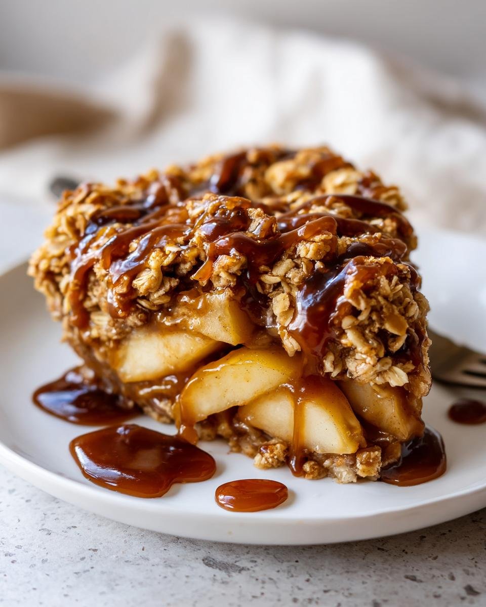 A close-up of a slice of Salted Caramel Apple Crisp topped with a rich caramel sauce drizzle.