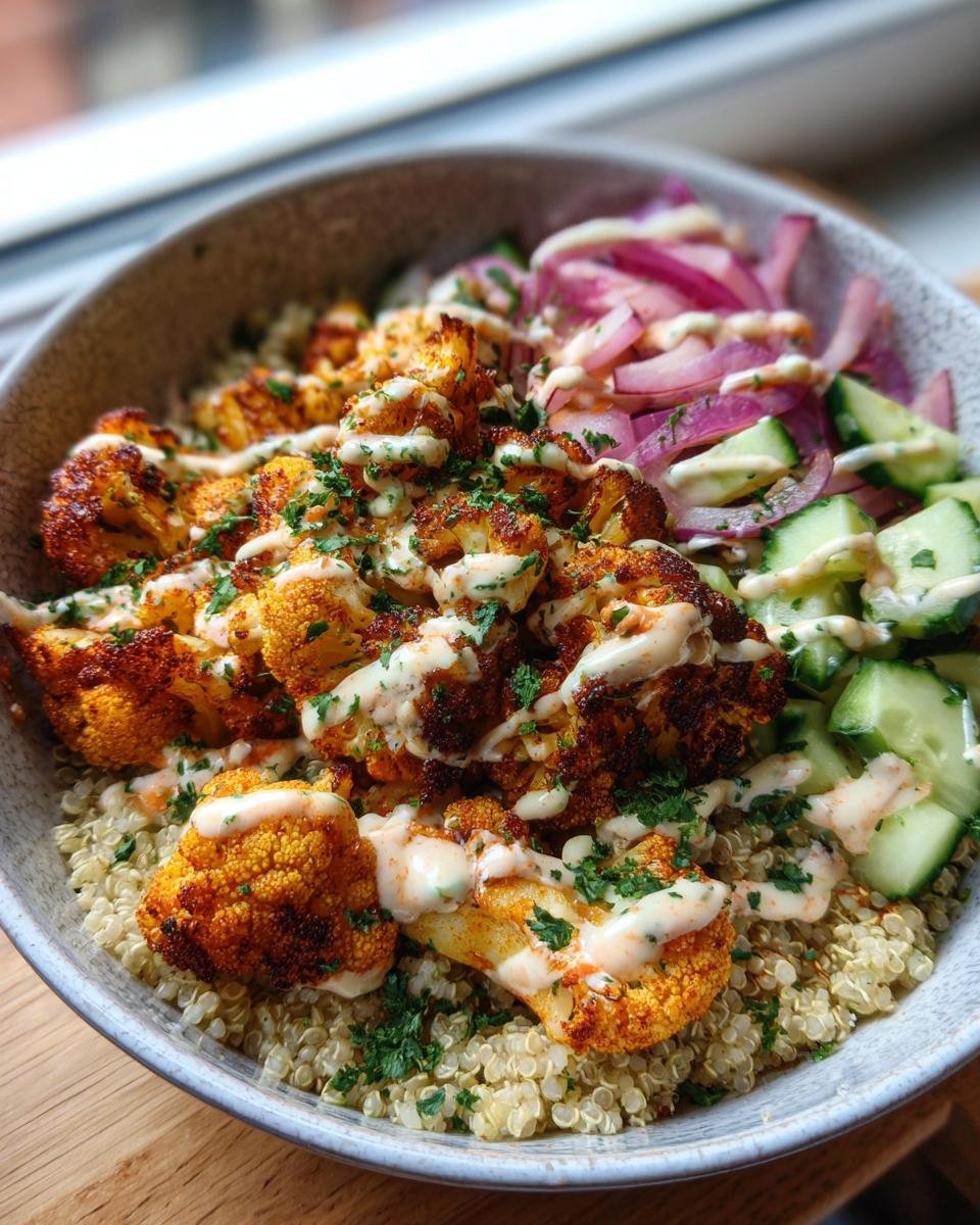 A close-up of a Savory Cauliflower Shawarma Bowl featuring roasted cauliflower, quinoa, cucumber, and red onion with a drizzle of sauce.
