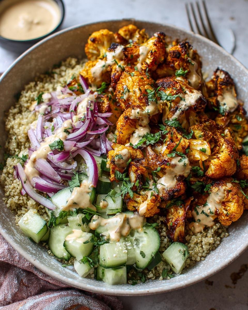 A close-up of Savory Cauliflower Shawarma Bowls with quinoa, roasted cauliflower, red onion, and cucumber, drizzled with tahini sauce.