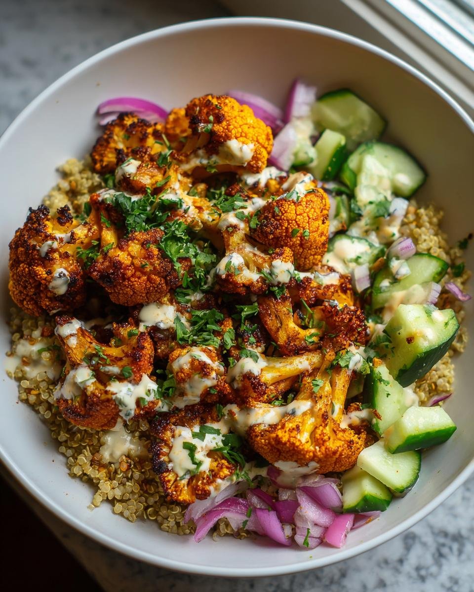 A close-up of Savory Cauliflower Shawarma Bowls featuring roasted cauliflower, quinoa, cucumber, red onion, and a creamy tahini drizzle.