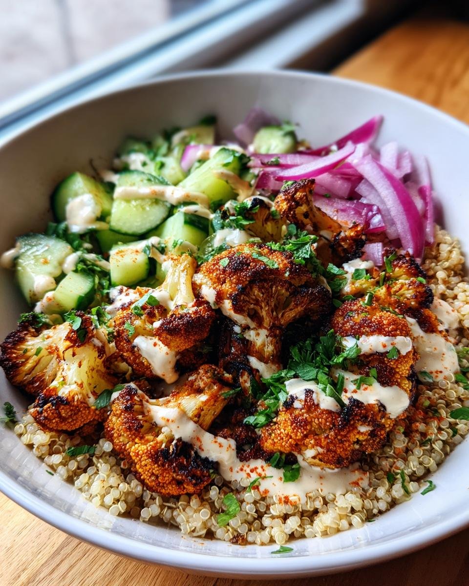 A close-up of Savory Cauliflower Shawarma Bowls, featuring roasted cauliflower, quinoa, cucumber, and red onion with a tahini dressing.