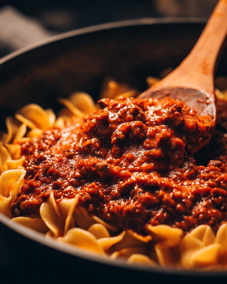 Close-up of rich red Vegan Bolognese sauce being spooned onto wide egg noodles in a dark pan with a wooden spoon.