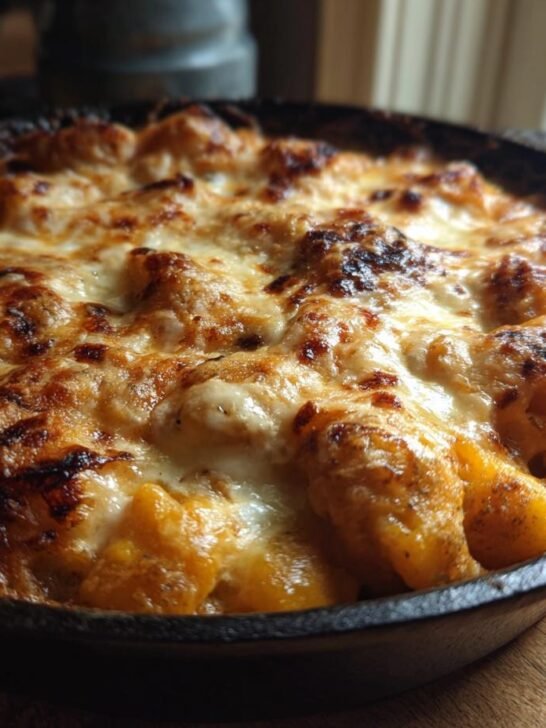 Close-up of Skillet Baked Cheesy Pumpkin Gnocchi with a bubbly, browned cheese crust.