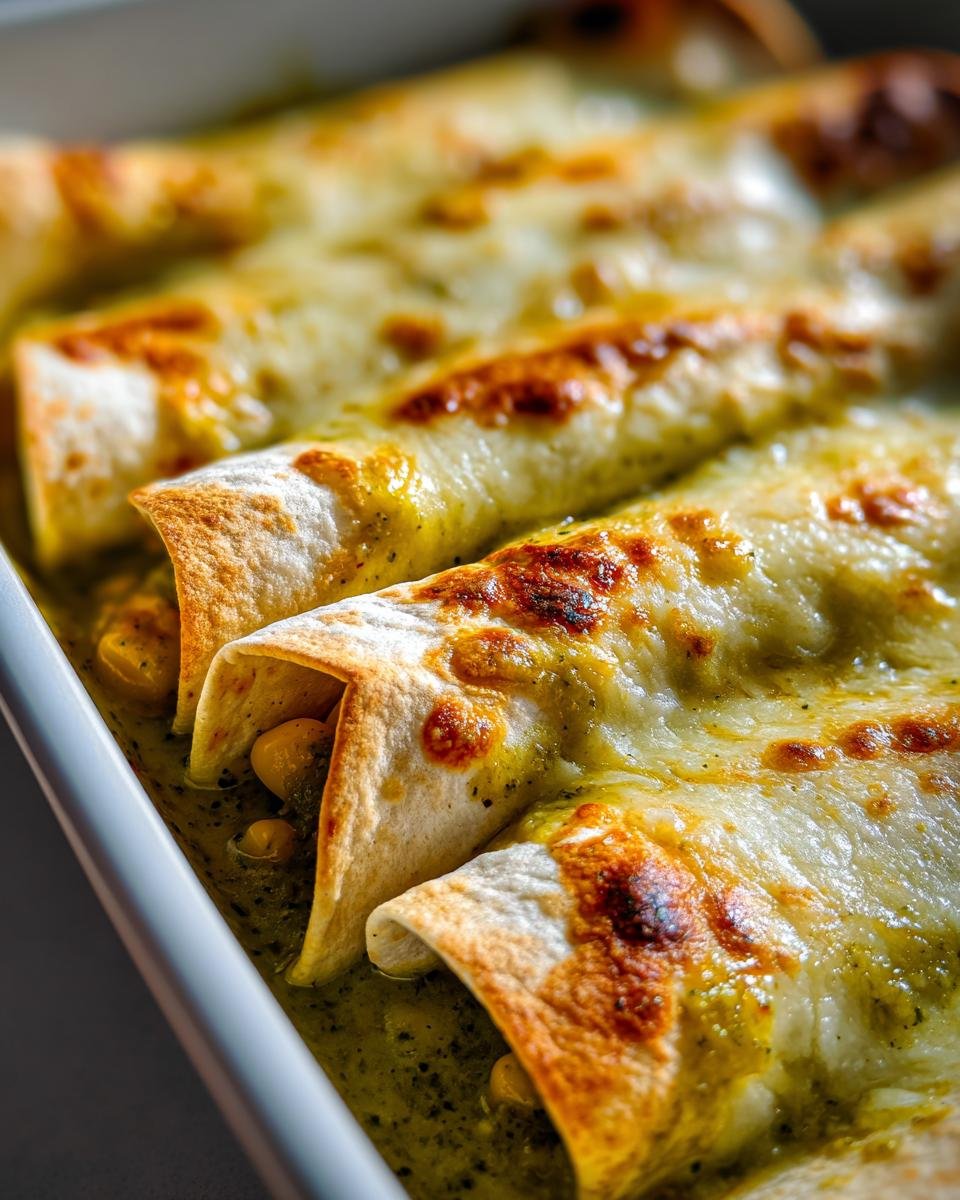 Close-up of baked Skillet Meatless Enchiladas With Salsa Verde topped with melted, browned cheese.