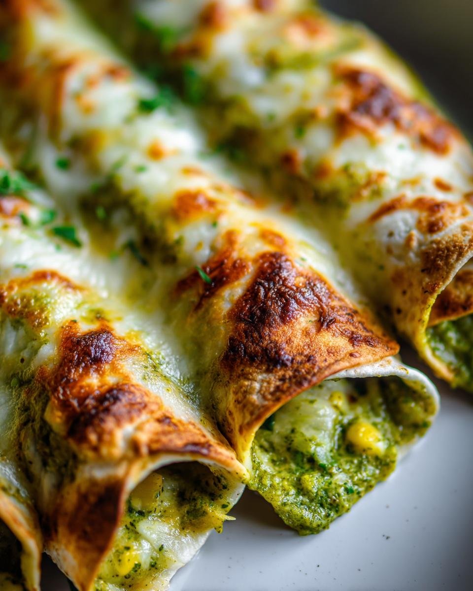 Close-up of three baked Skillet Meatless Enchiladas With Salsa Verde topped with melted, browned cheese.