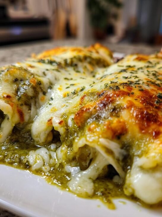 Close-up of cheesy Skillet Meatless Enchiladas With Salsa Verde, topped with melted, browned cheese and herbs.