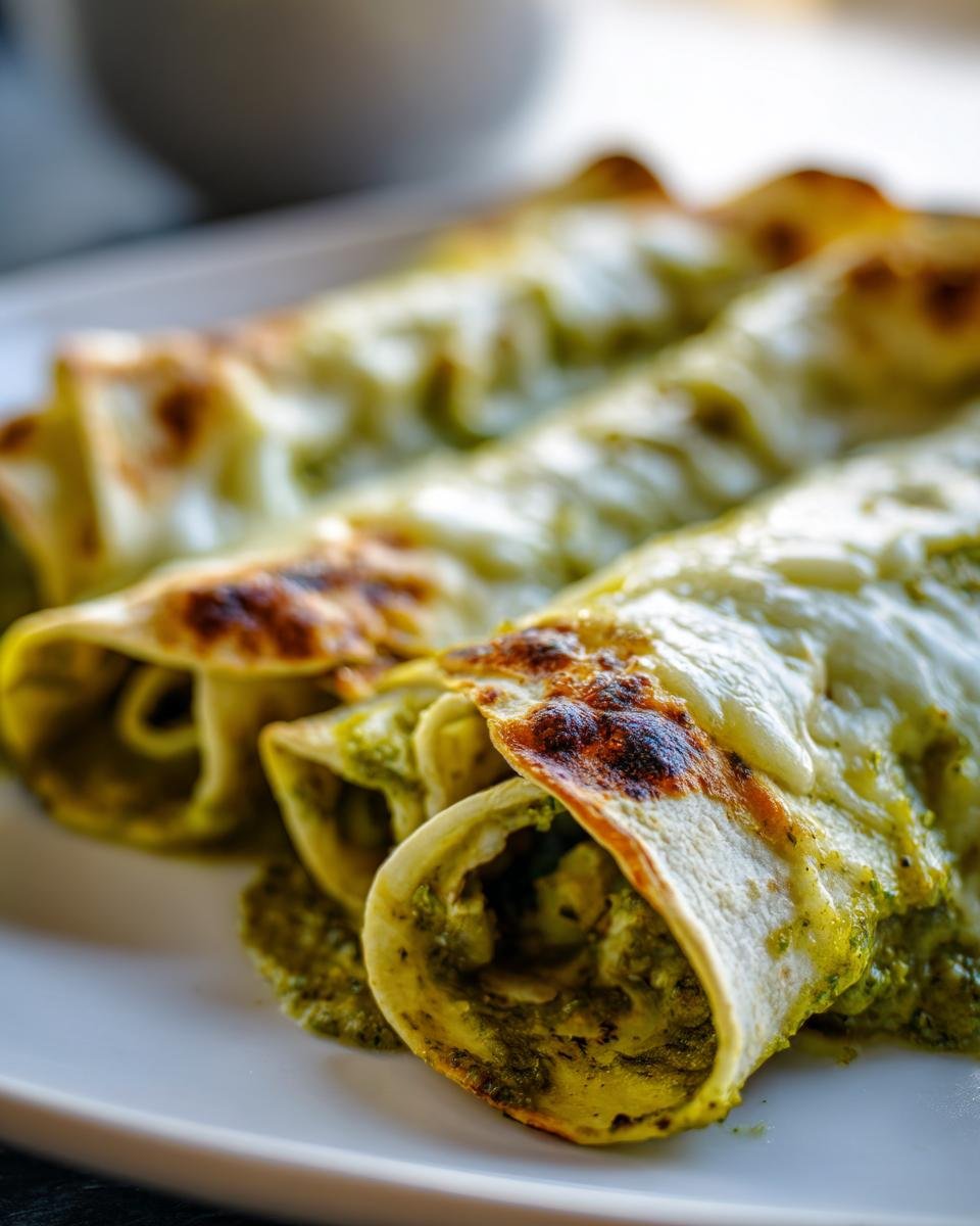 Close-up of rolled tortillas filled and smothered in green salsa and melted cheese for Skillet Meatless Enchiladas With Salsa Verde.