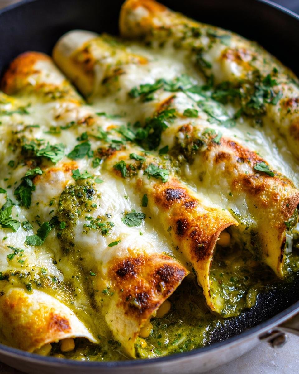 Close-up of baked Skillet Meatless Enchiladas With Salsa Verde topped with melted, slightly browned cheese and fresh cilantro.