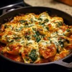 Close-up of Skillet Tuscan Pumpkin Stuffed Shells baked in a cast iron pan, topped with melted, browned cheese and parsley.