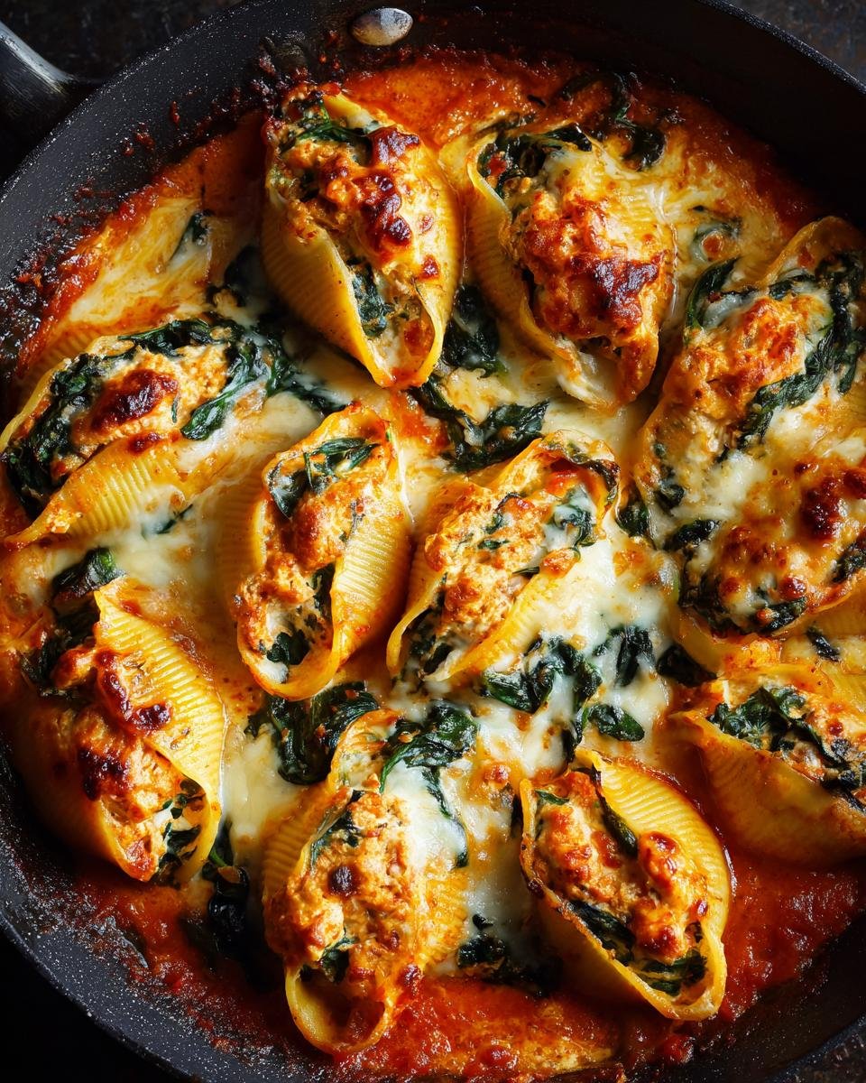 Close-up of baked Skillet Tuscan Pumpkin Stuffed Shells bubbling in tomato sauce with melted cheese.
