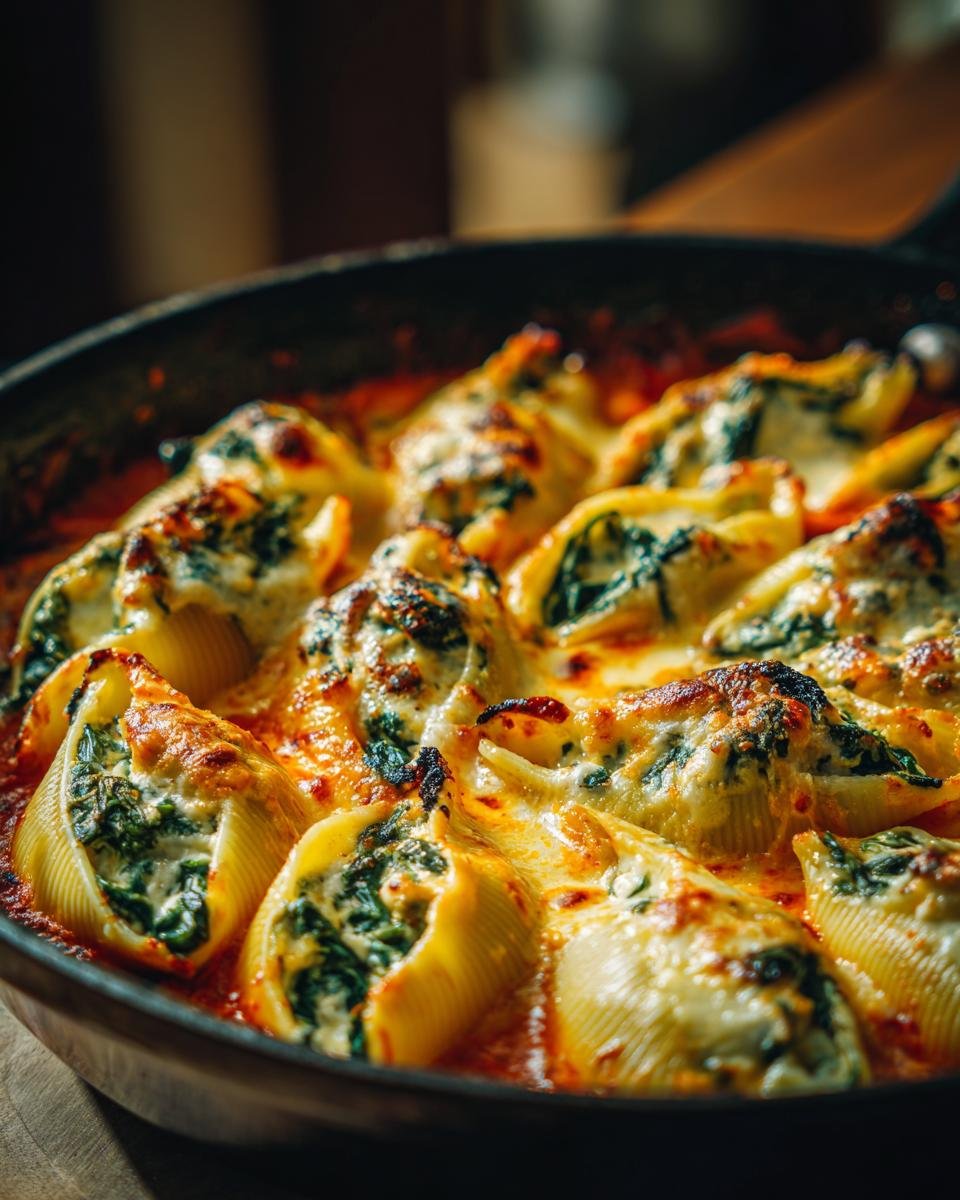 Close-up of baked Skillet Tuscan Pumpkin Stuffed Shells covered in melted, browned cheese and tomato sauce.