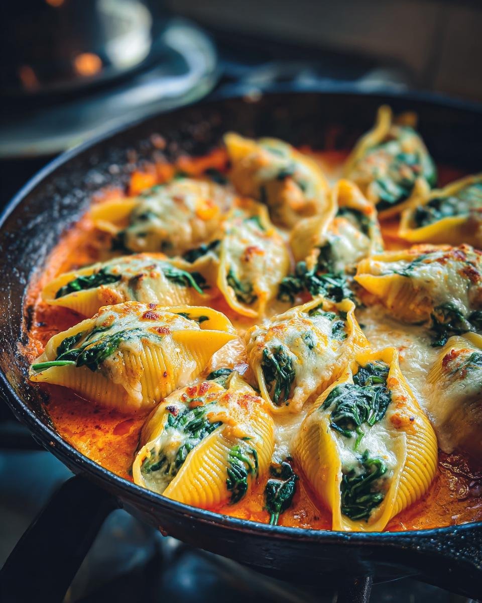 Close-up of Skillet Tuscan Pumpkin Stuffed Shells baked in a creamy orange sauce and topped with melted cheese.