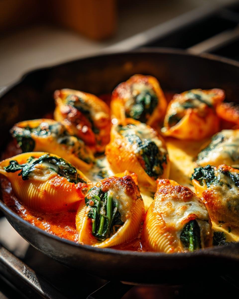 Close-up of baked Skillet Tuscan Pumpkin Stuffed Shells topped with melted cheese in a rich tomato sauce.