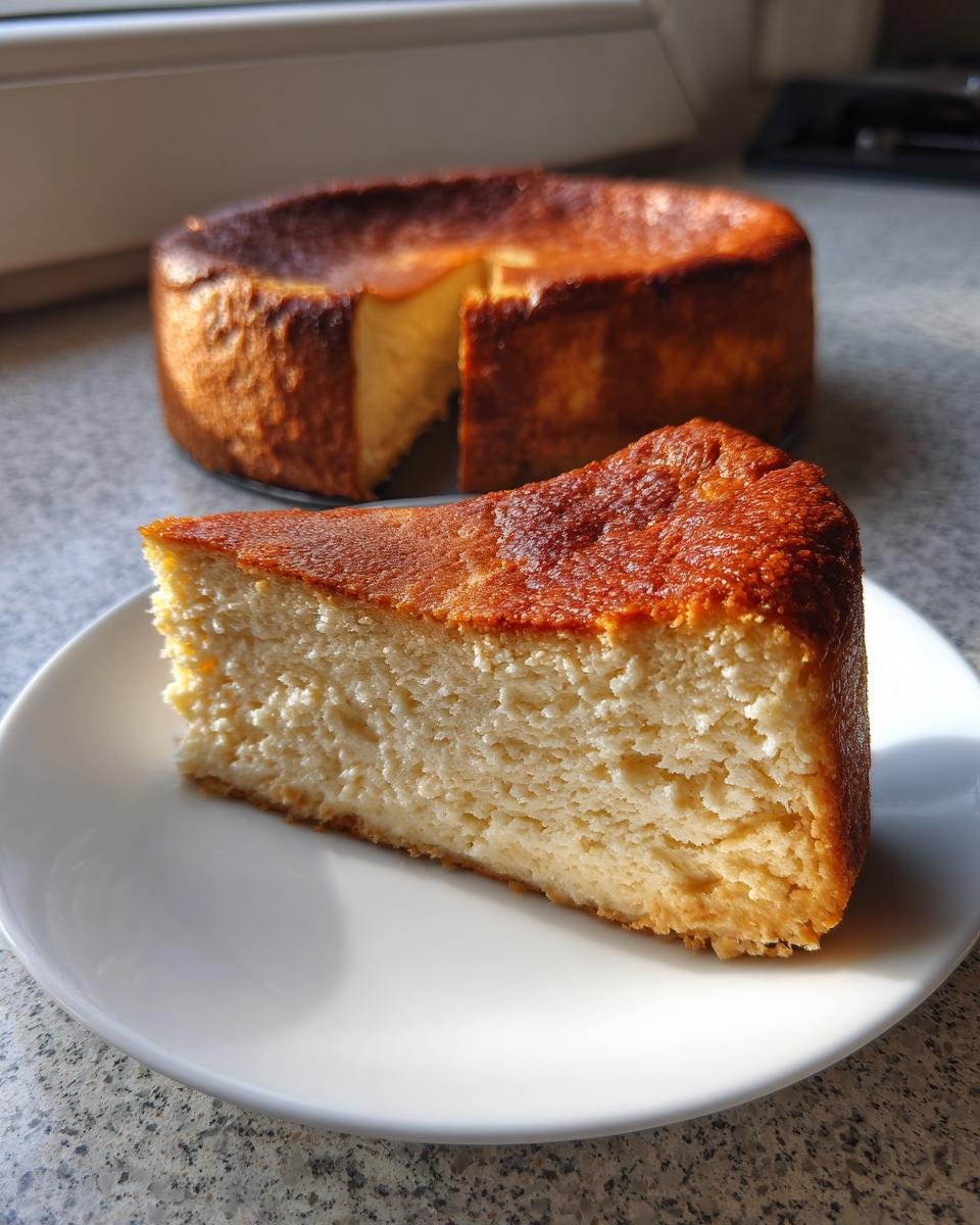 A thick slice of Not So Classic New York Style Cheesecake with a deeply browned top, served on a white plate.