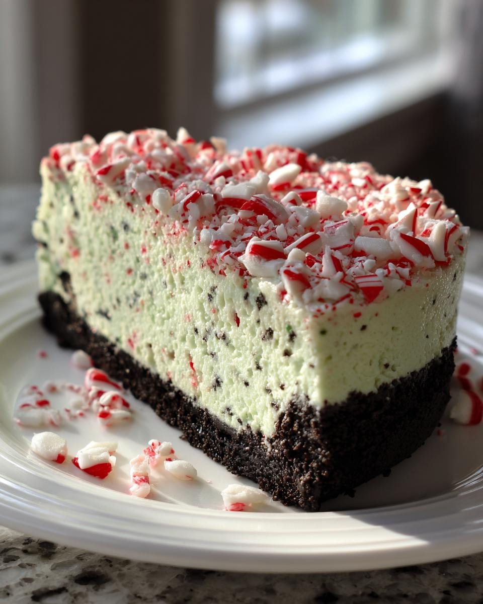 A thick slice of light green Peppermint Oreo Cheesecake on a white plate, topped with crushed candy canes.