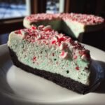 A close-up slice of light green Peppermint Oreo Cheesecake on a white plate, topped with crushed candy canes.