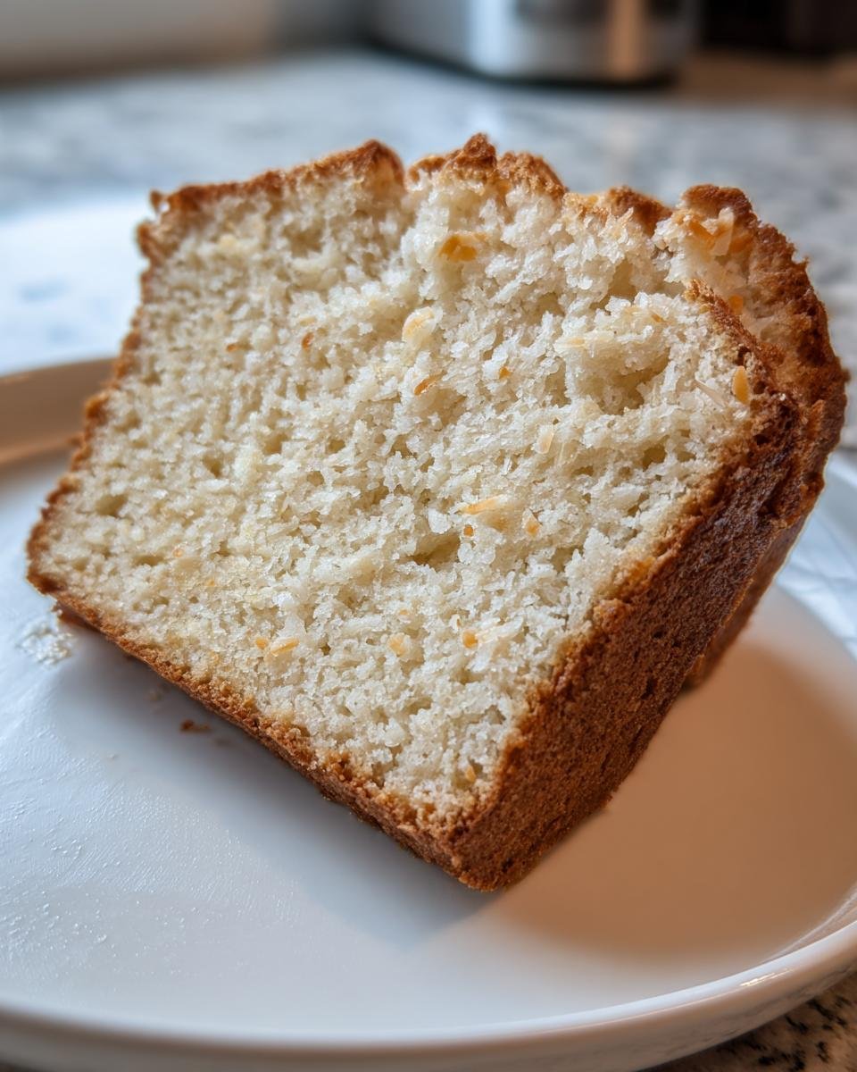 Close-up of a moist slice of Toasted Coconut Bread Gluten Free showing the crumb texture and golden crust.