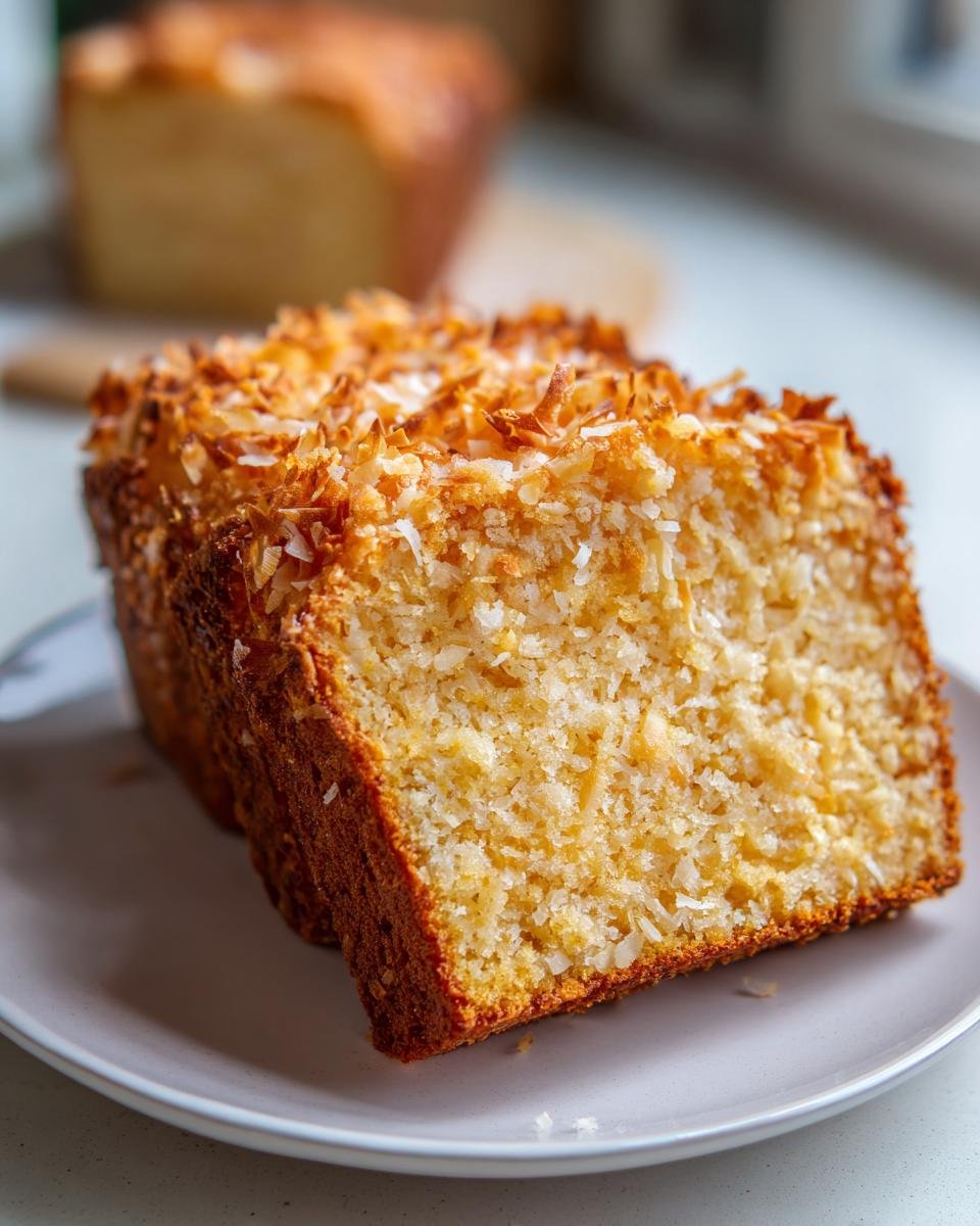 Two thick slices of moist Toasted Coconut Bread Gluten Free topped with golden toasted coconut flakes.
