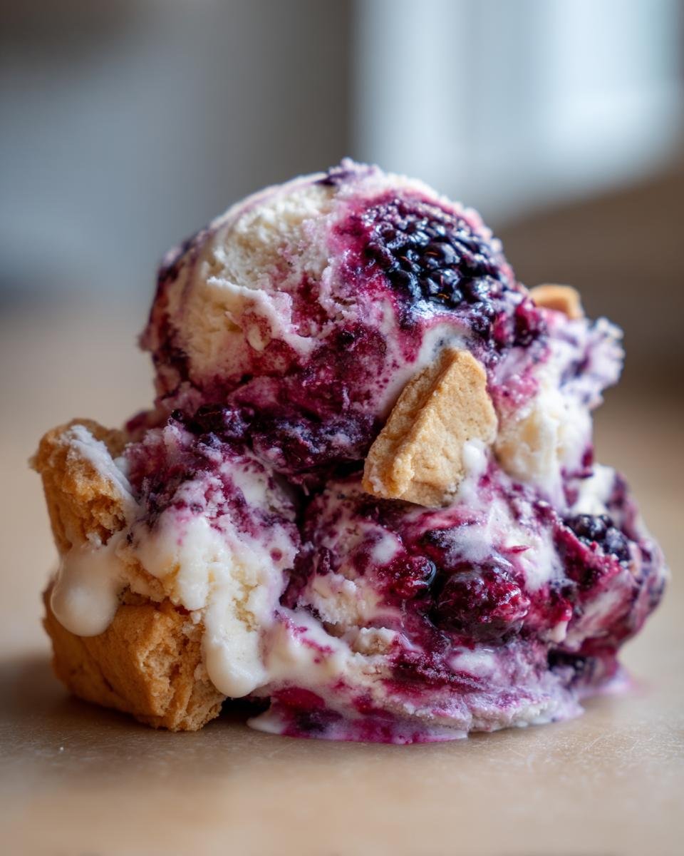 A decadent scoop of Southern Blackberry Cobbler Ice Cream, melting with swirls of blackberry and pieces of cobbler crust.