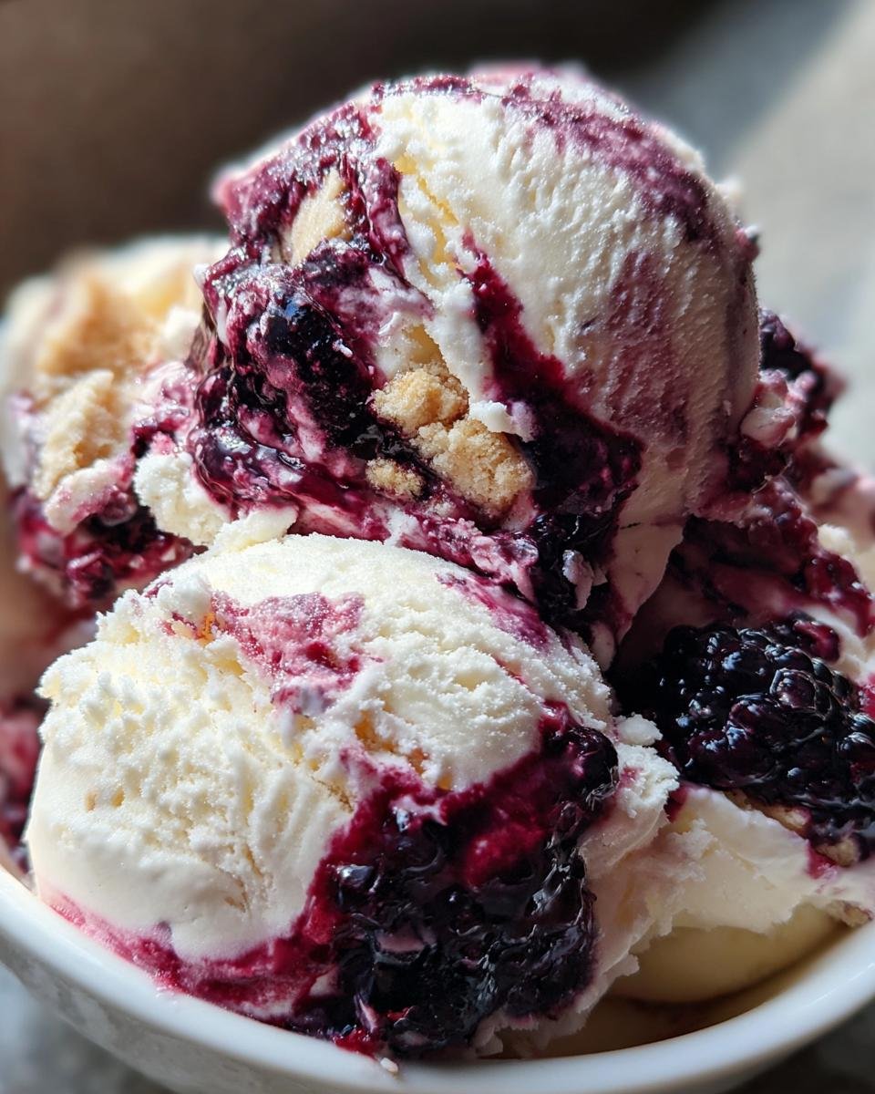 Close-up of creamy Southern Blackberry Cobbler Ice Cream with swirls of blackberry sauce and chunks of cobbler.