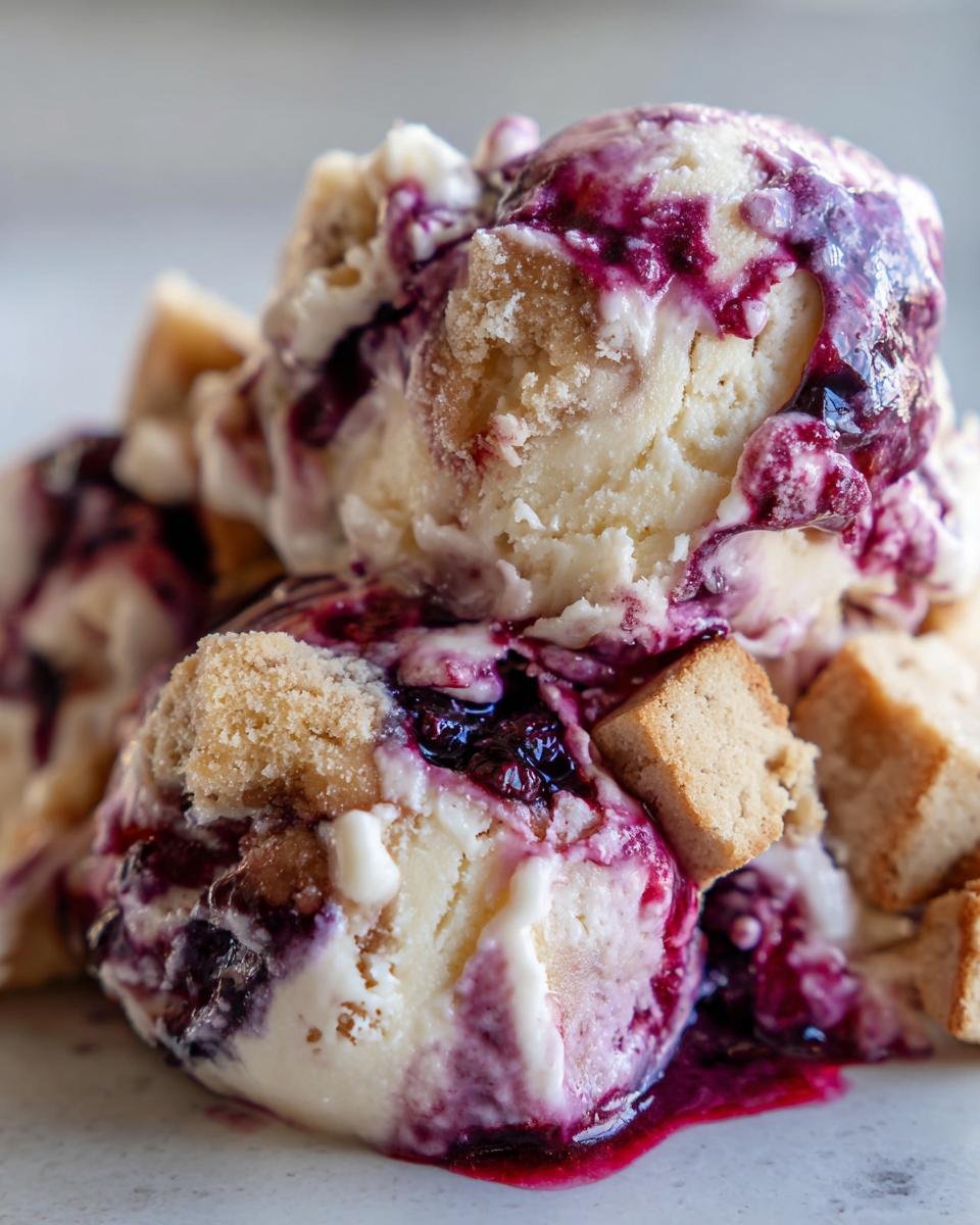 Close-up of scoops of Southern Blackberry Cobbler Ice Cream drizzled with blackberry sauce and topped with cobbler pieces.