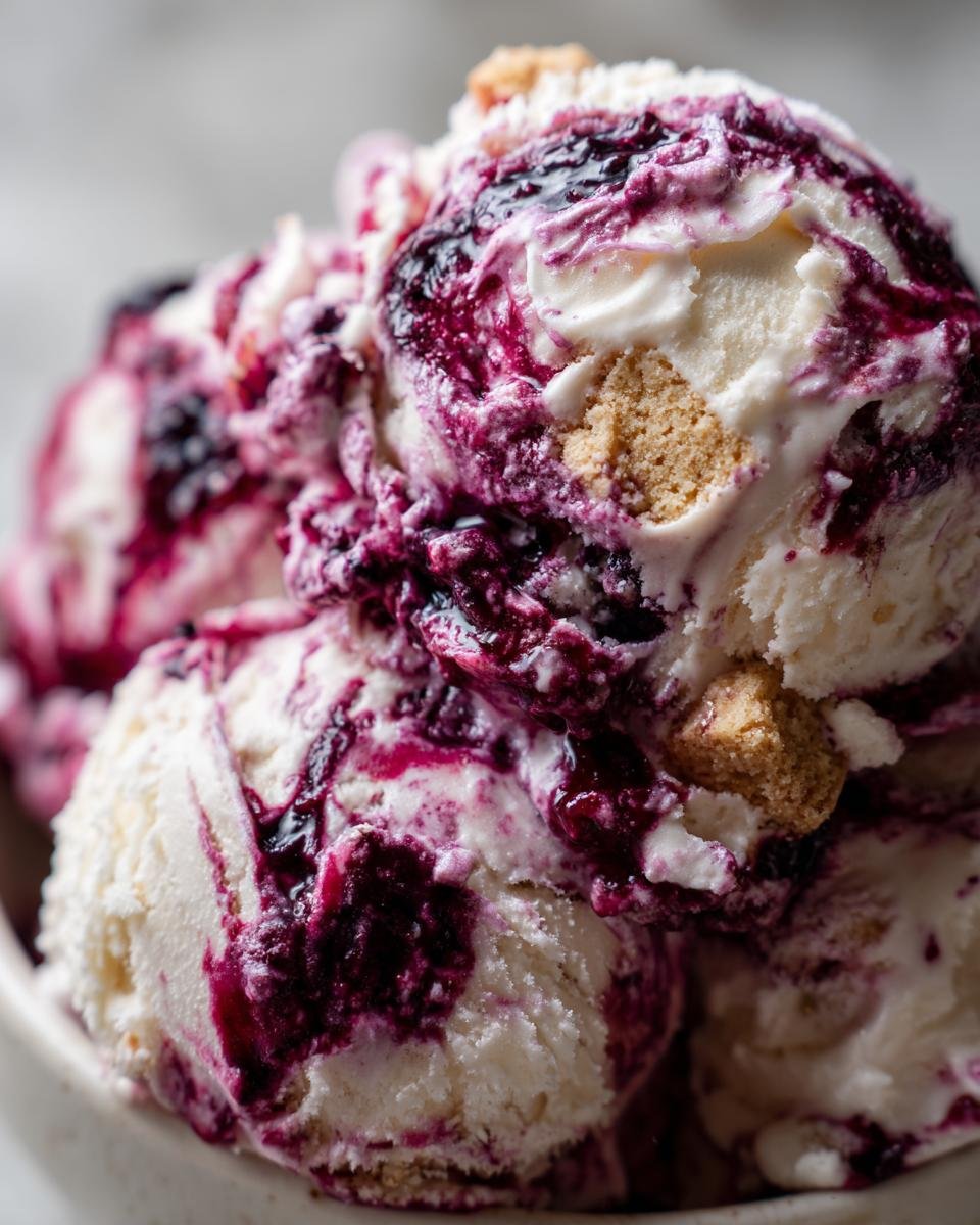 Close-up of creamy Southern Blackberry Cobbler Ice Cream with swirls of blackberry sauce and chunks of cobbler crust.