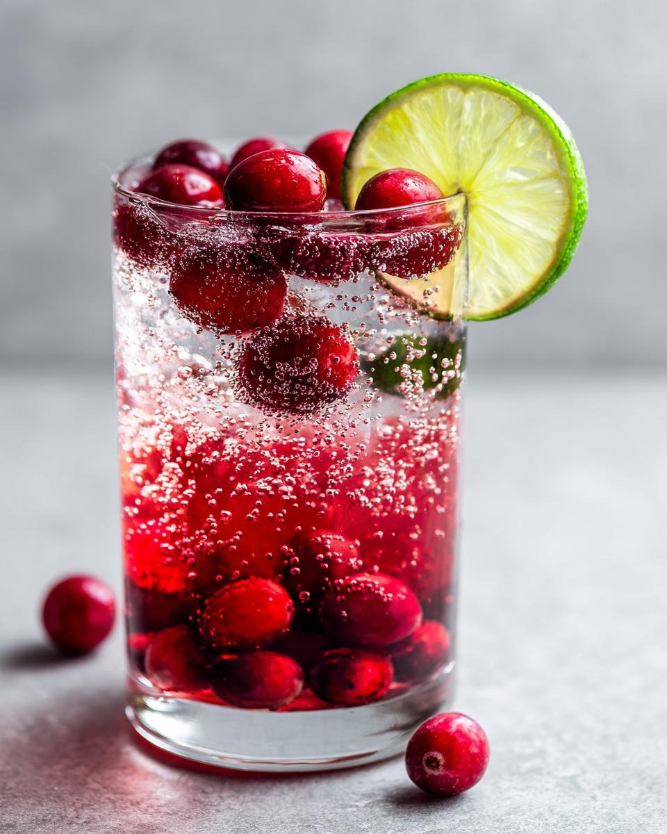 A tall glass filled with a sparkling Ultimate Holiday Mocktail, featuring bright red cranberries and a lime slice garnish.
