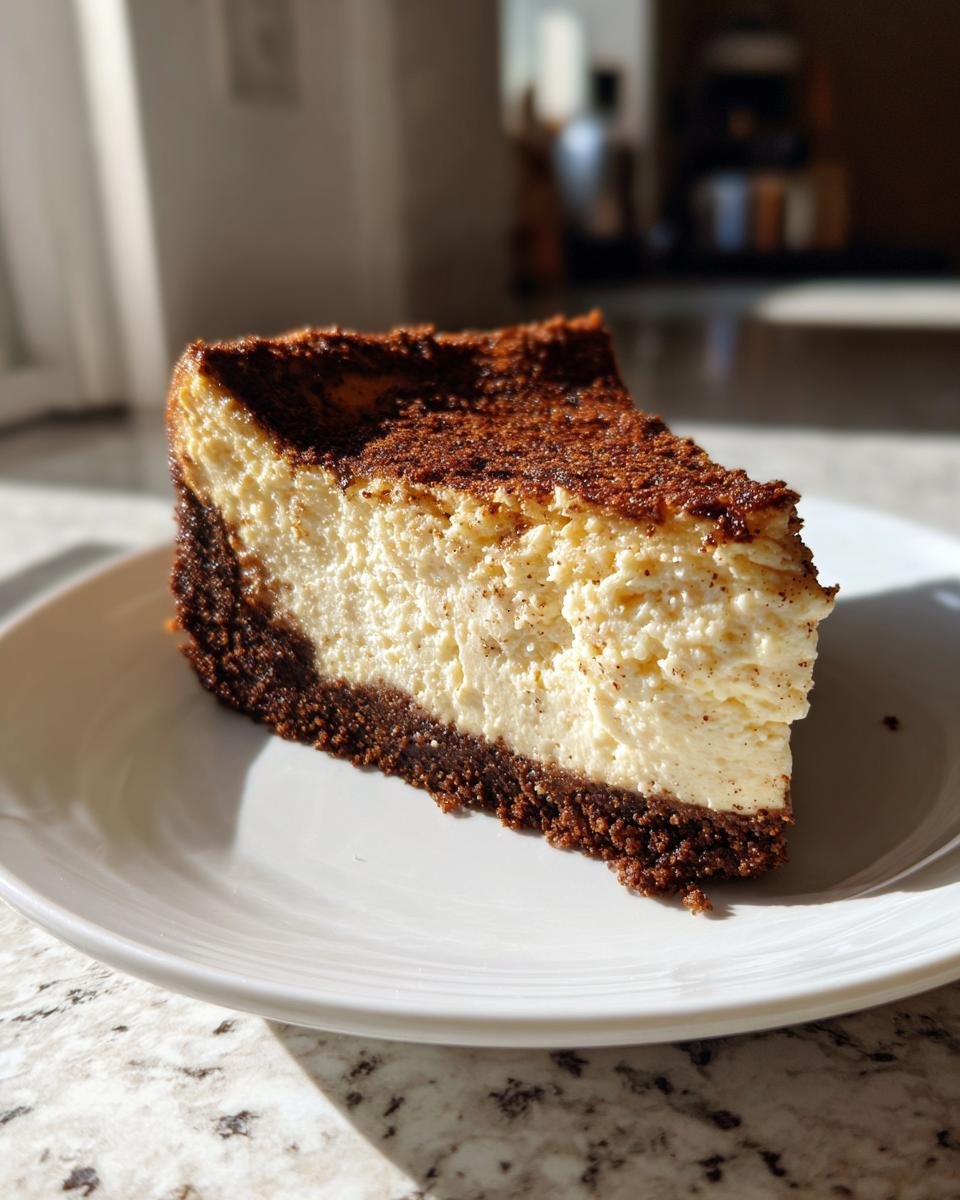 A perfect slice of Spiced Chai Cheesecake Gingersnap Crust on a white plate, dusted with spice.