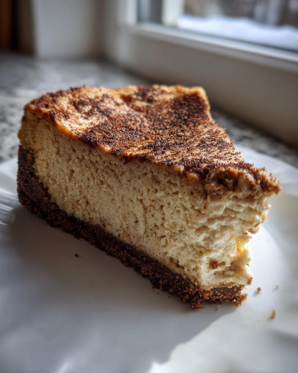 A close-up slice of creamy Spiced Chai Cheesecake Gingersnap Crust dusted with spice.