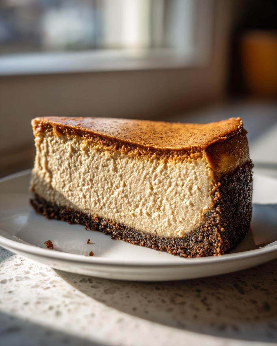 A rich slice of Spiced Chai Cheesecake Gingersnap Crust dessert sitting on a white plate, bathed in sunlight.