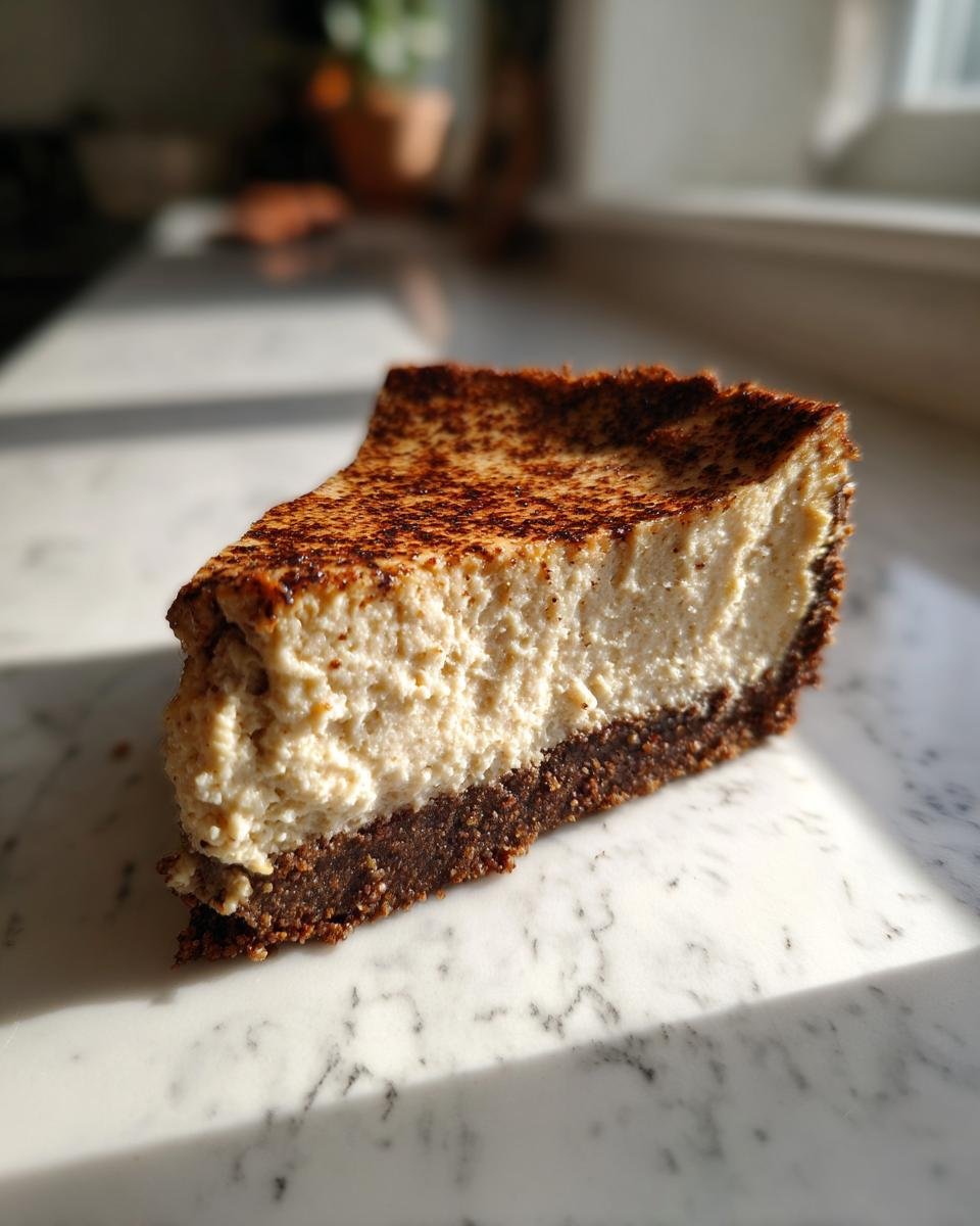 A perfect slice of Spiced Chai Cheesecake Gingersnap Crust on a marble surface, dusted with spice.
