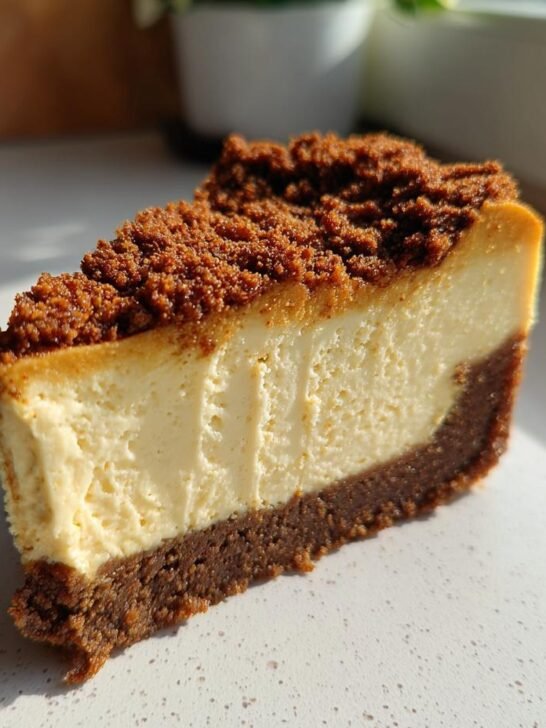 A perfect slice of Spiced Chai Cheesecake Gingersnap Crust showing a creamy filling and crumbly topping.