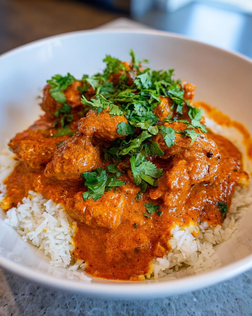 Close-up of a Spicy Coconut Curry Chicken Bowl featuring rich orange curry sauce over white rice, topped with fresh cilantro.