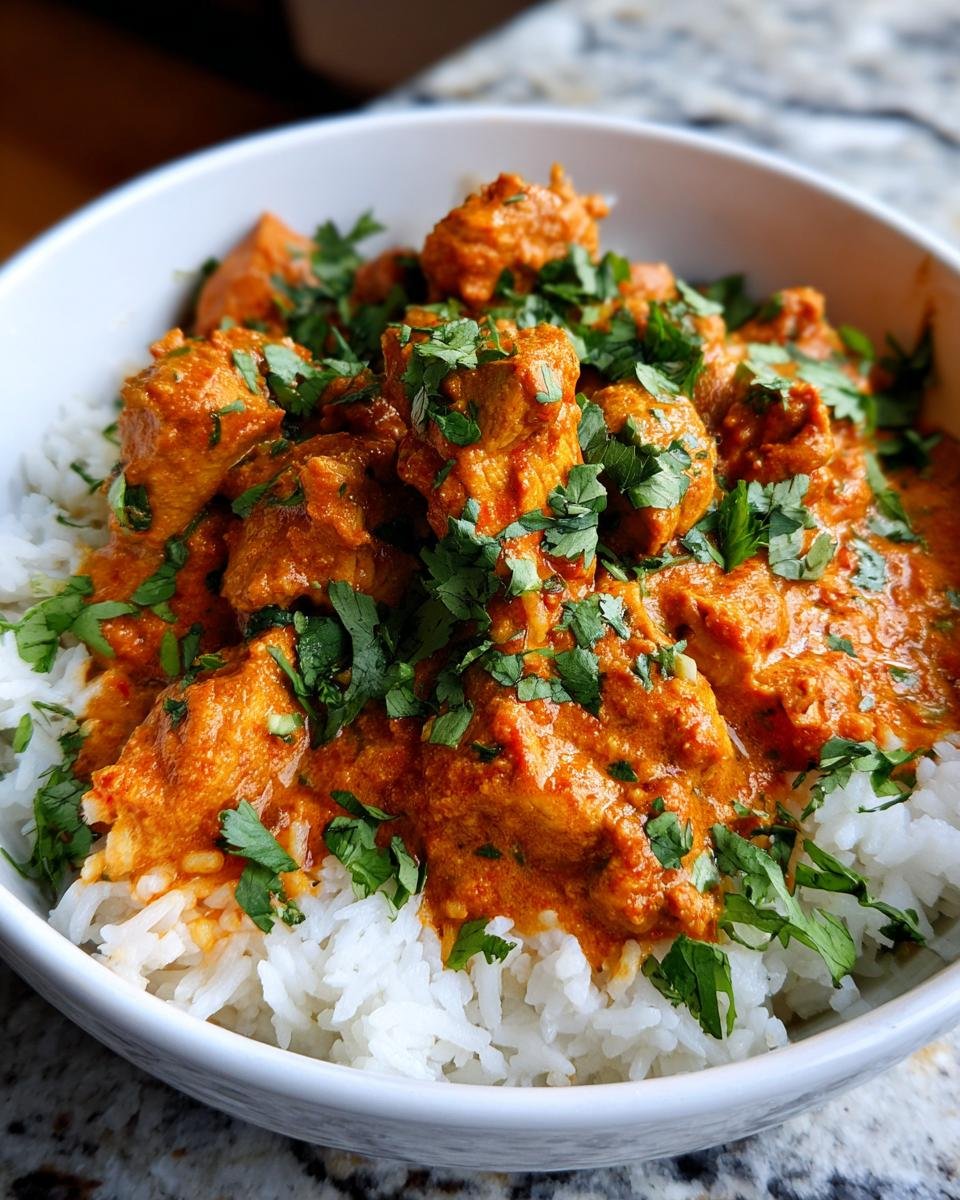 Close-up of a Spicy Coconut Curry Chicken Bowl featuring orange curry sauce over white rice, topped with fresh cilantro.