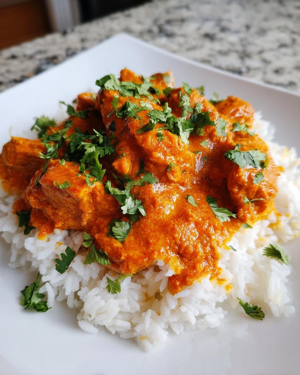 Close-up of a Spicy Coconut Curry Chicken Bowl featuring rich orange curry over white rice, topped with fresh cilantro.
