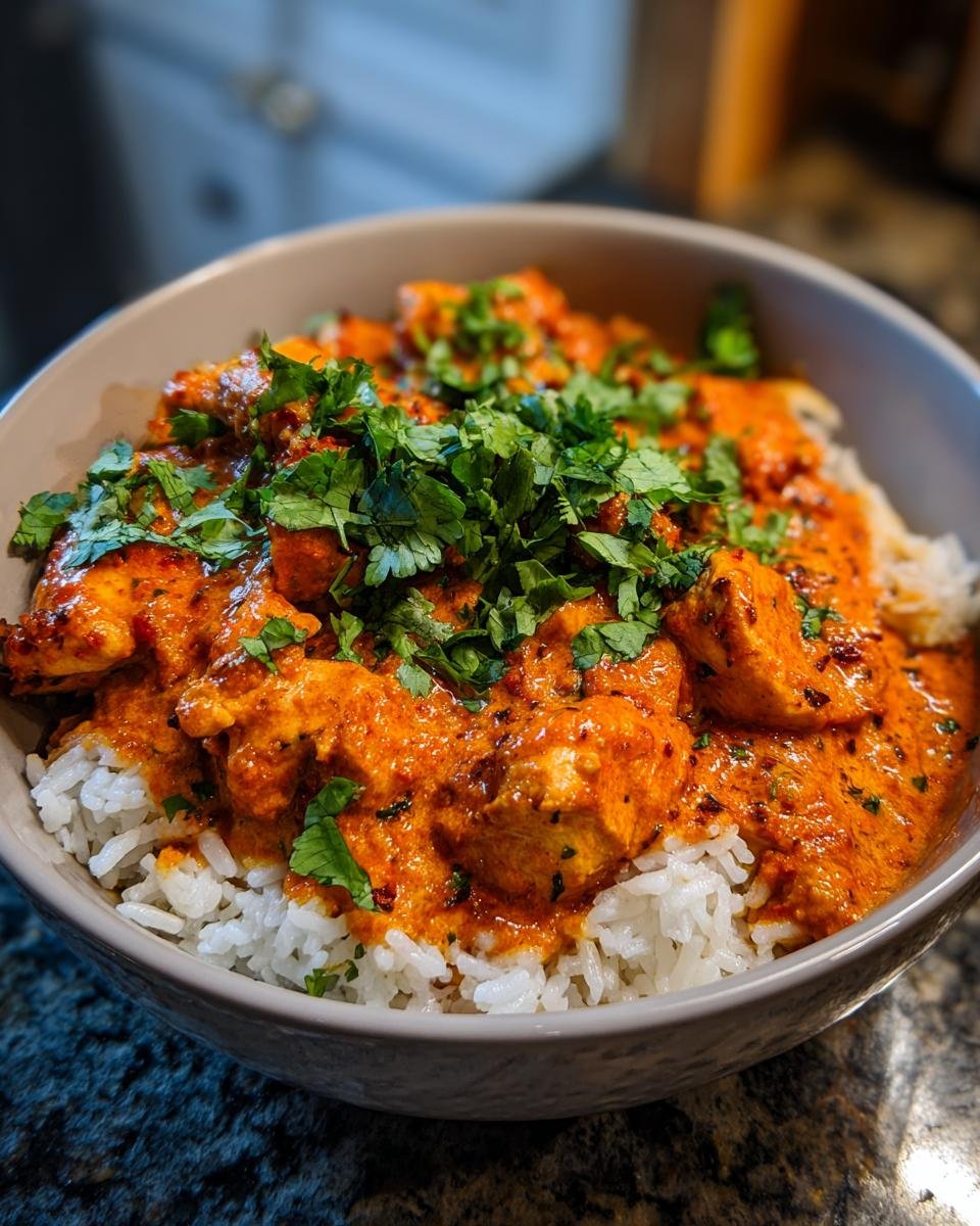 Close-up of a Spicy Coconut Curry Chicken Bowl featuring vibrant orange curry sauce over white rice, topped with fresh cilantro.