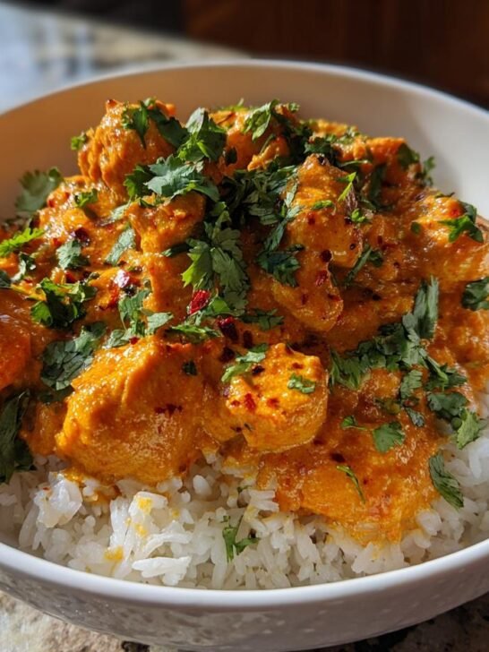 A white bowl filled with Spicy Coconut Curry Chicken Bowl served over white rice, garnished with fresh cilantro.