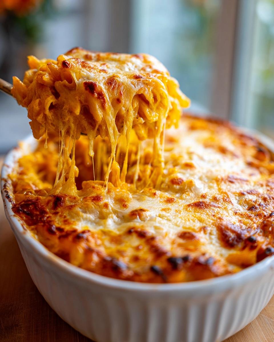 A spoonful of cheesy Spicy Pumpkin Pasta Bake being pulled from a white baking dish, showing long cheese strings.