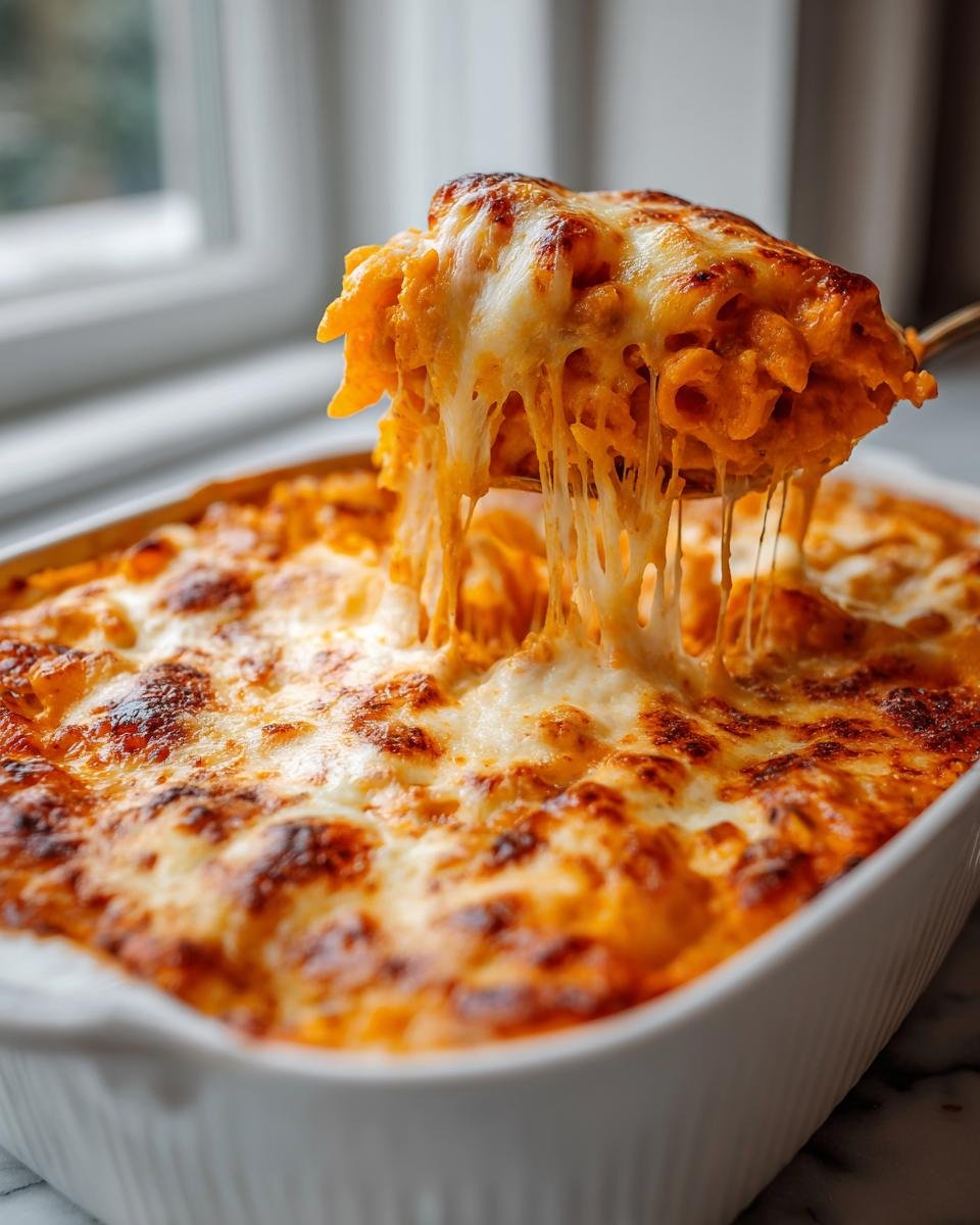 A spoonful of cheesy, baked Spicy Pumpkin Pasta Bake being lifted, showing long cheese pulls over the bubbling casserole dish.