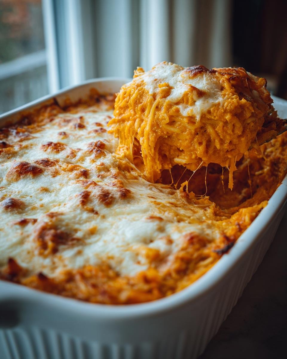 A scoop of cheesy, orange Spicy Pumpkin Pasta Bake being lifted from a white baking dish.