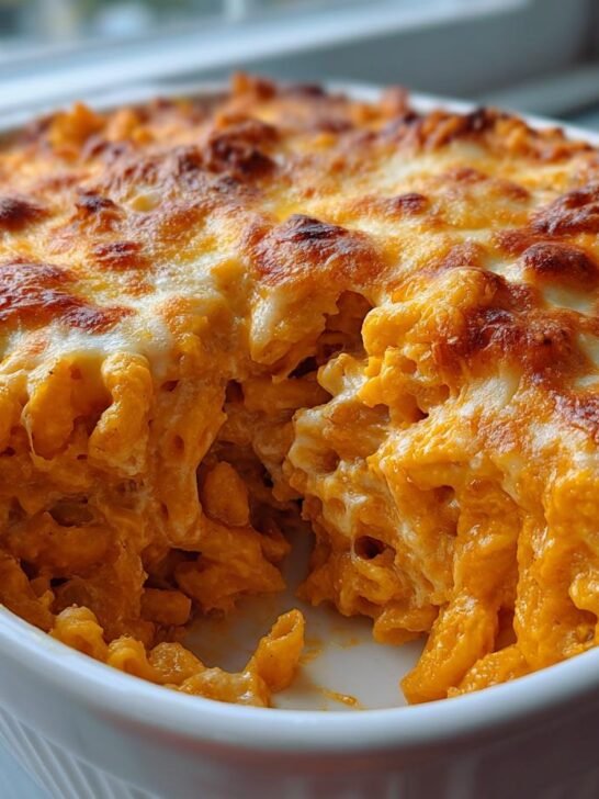 Close-up of a bubbling, golden-brown Spicy Pumpkin Pasta Bake in a white casserole dish.