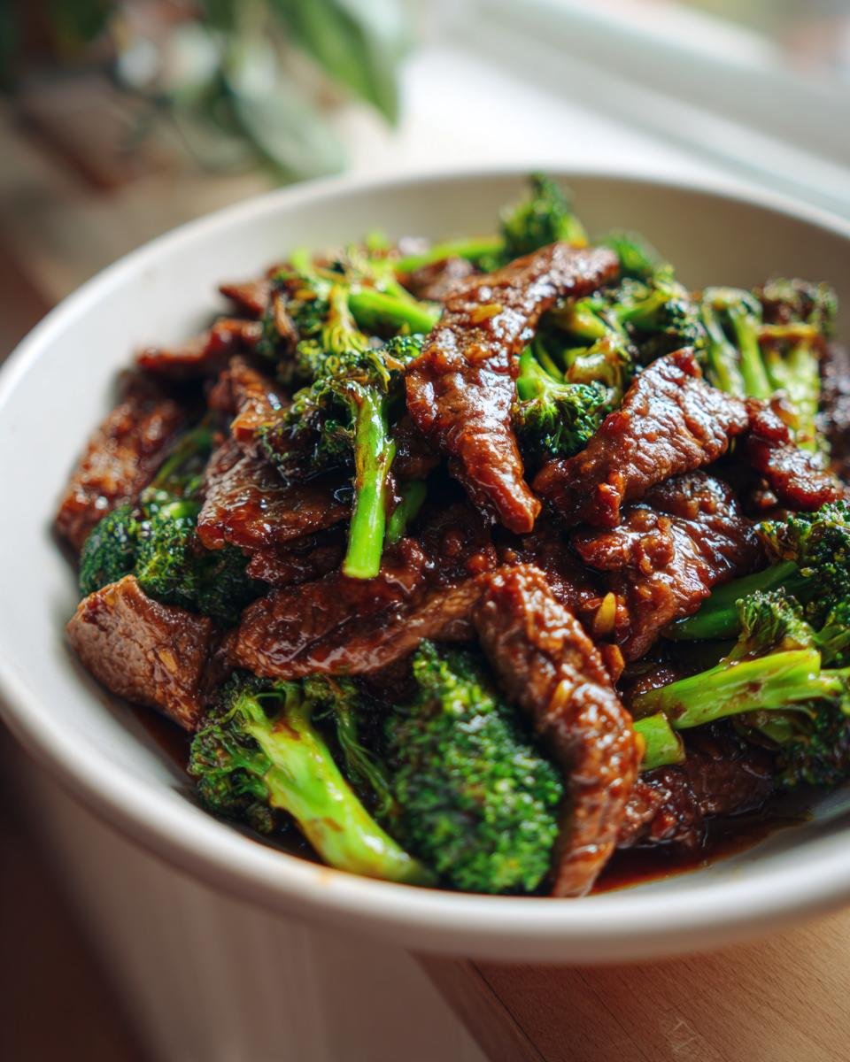 A close-up of a white bowl filled with glossy, saucy Spicy Takeout Beef and Broccoli, featuring tender beef strips and bright green florets.
