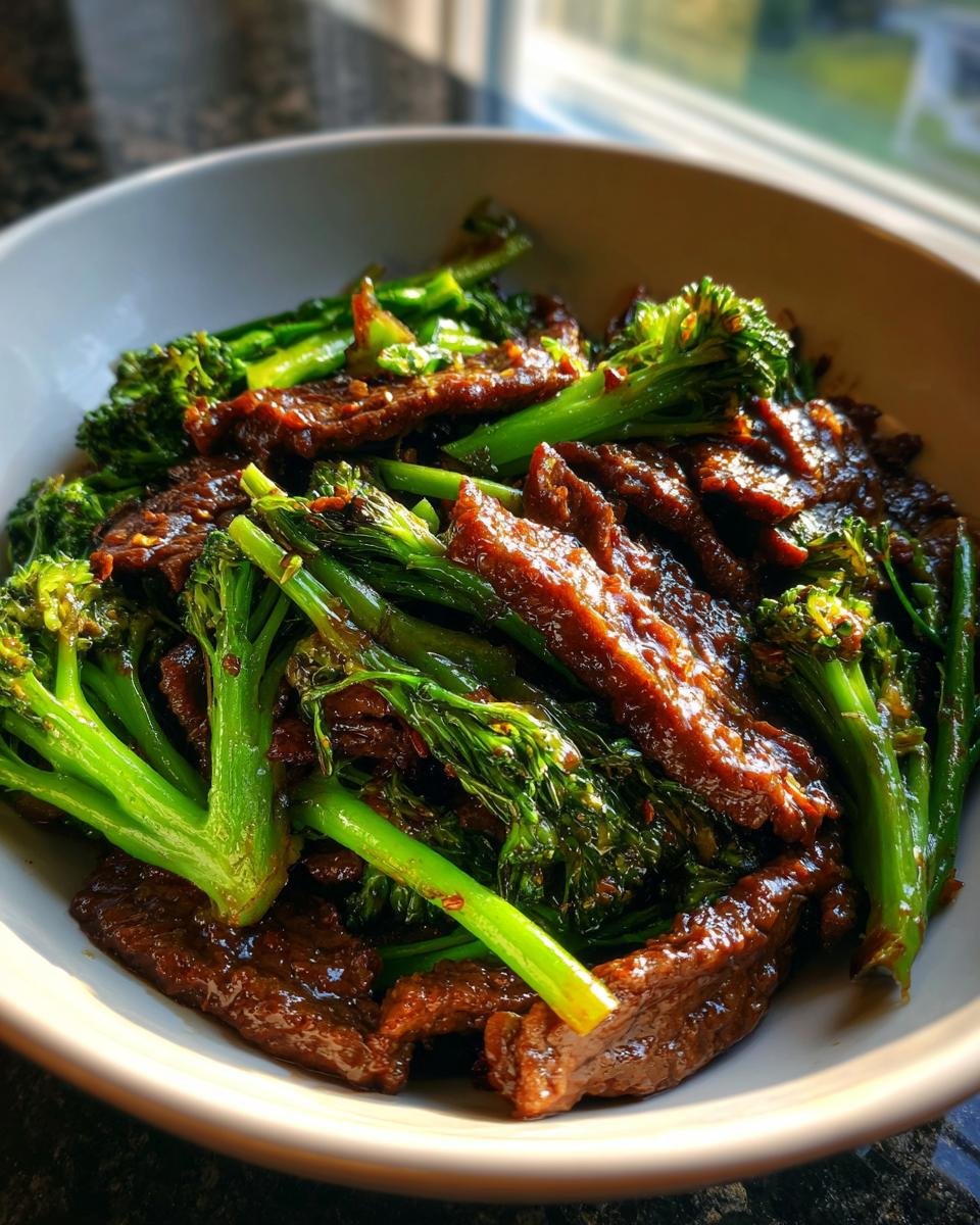 Close-up of glistening strips of beef coated in dark sauce mixed with bright green broccoli florets, representing Spicy Takeout Beef and Broccoli.