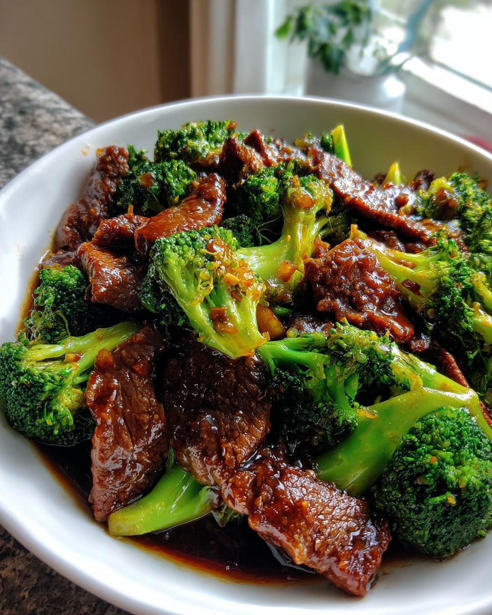 Close-up of tender slices of beef coated in dark sauce mixed with bright green broccoli florets, representing Spicy Takeout Beef And Broccoli.